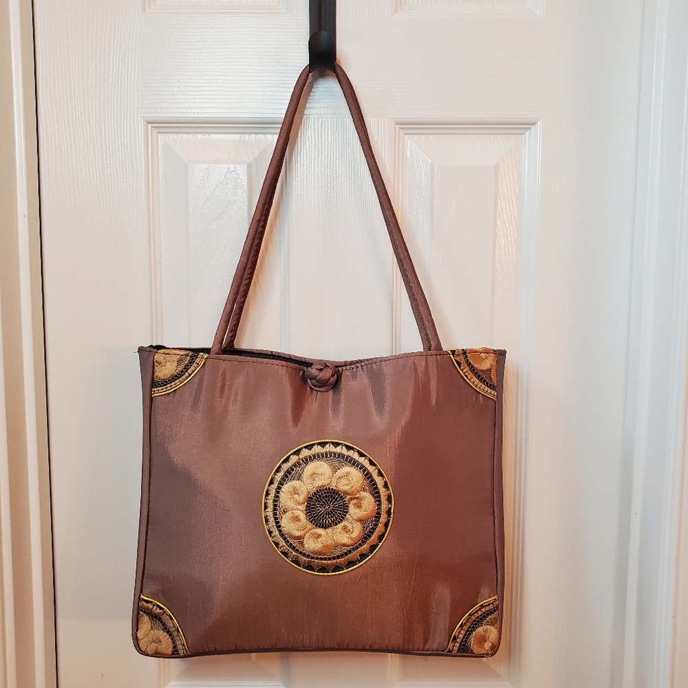 Boho Chic Bronze Satin Tote | Embroidered Medallion | Vintage Aesthetic